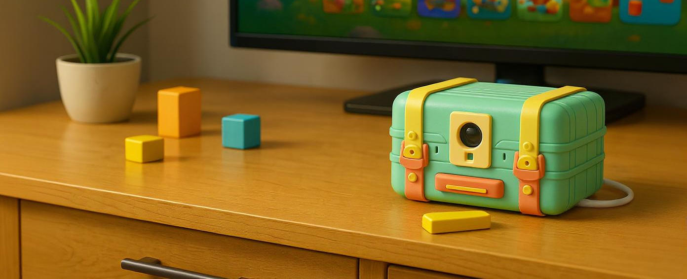 Wonder Trek gaming console for kids, colorful, fun, educational indoor activities.