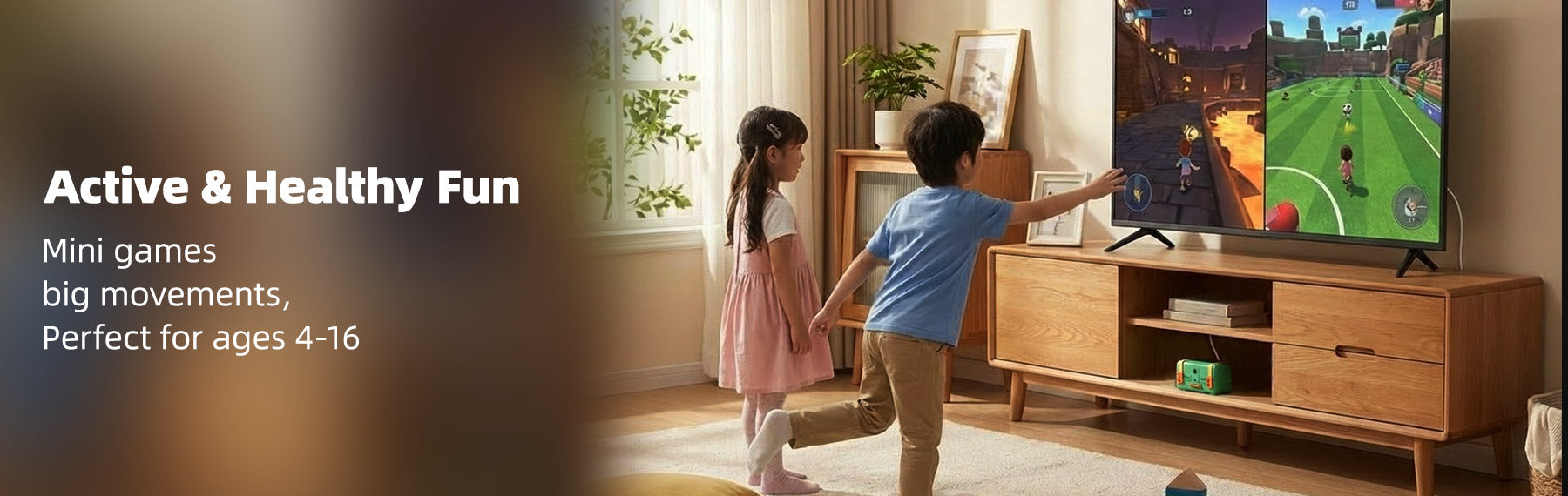 Wonder Trek gaming console for kids with motion sensors, perfect for family fun and active play.