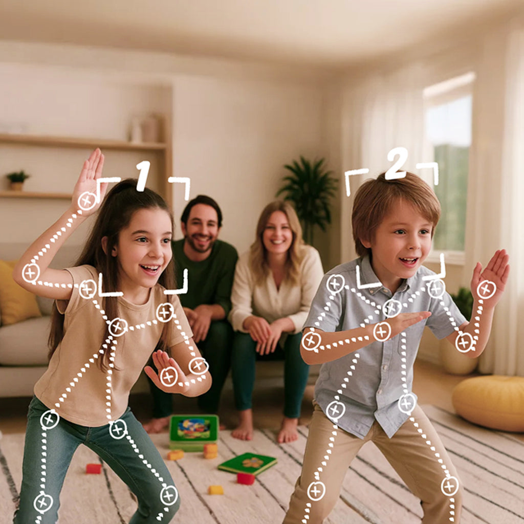 Children enjoying Wonder Trek motion sensor family games indoors.