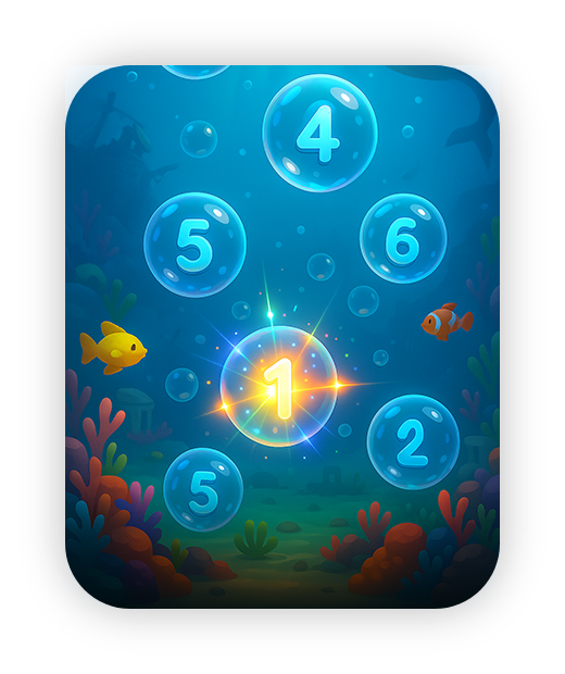 Colorful underwater number matching game, featuring vibrant bubbles and fish.
