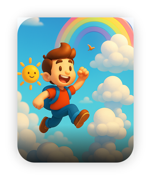 Cartoon boy jumping in clouds under rainbow, sun smiling, blue sky background.