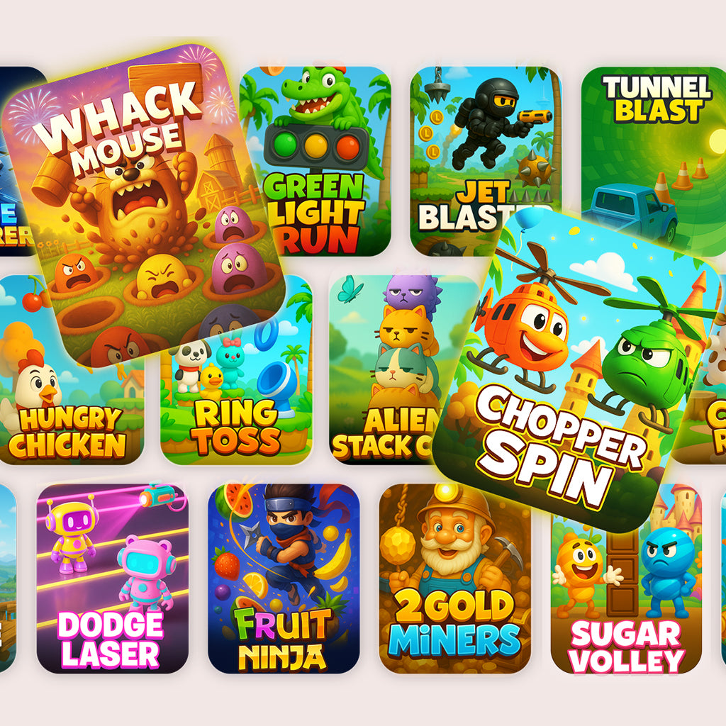 Colorful Wonder Trek games collage for kids' screen time activities.