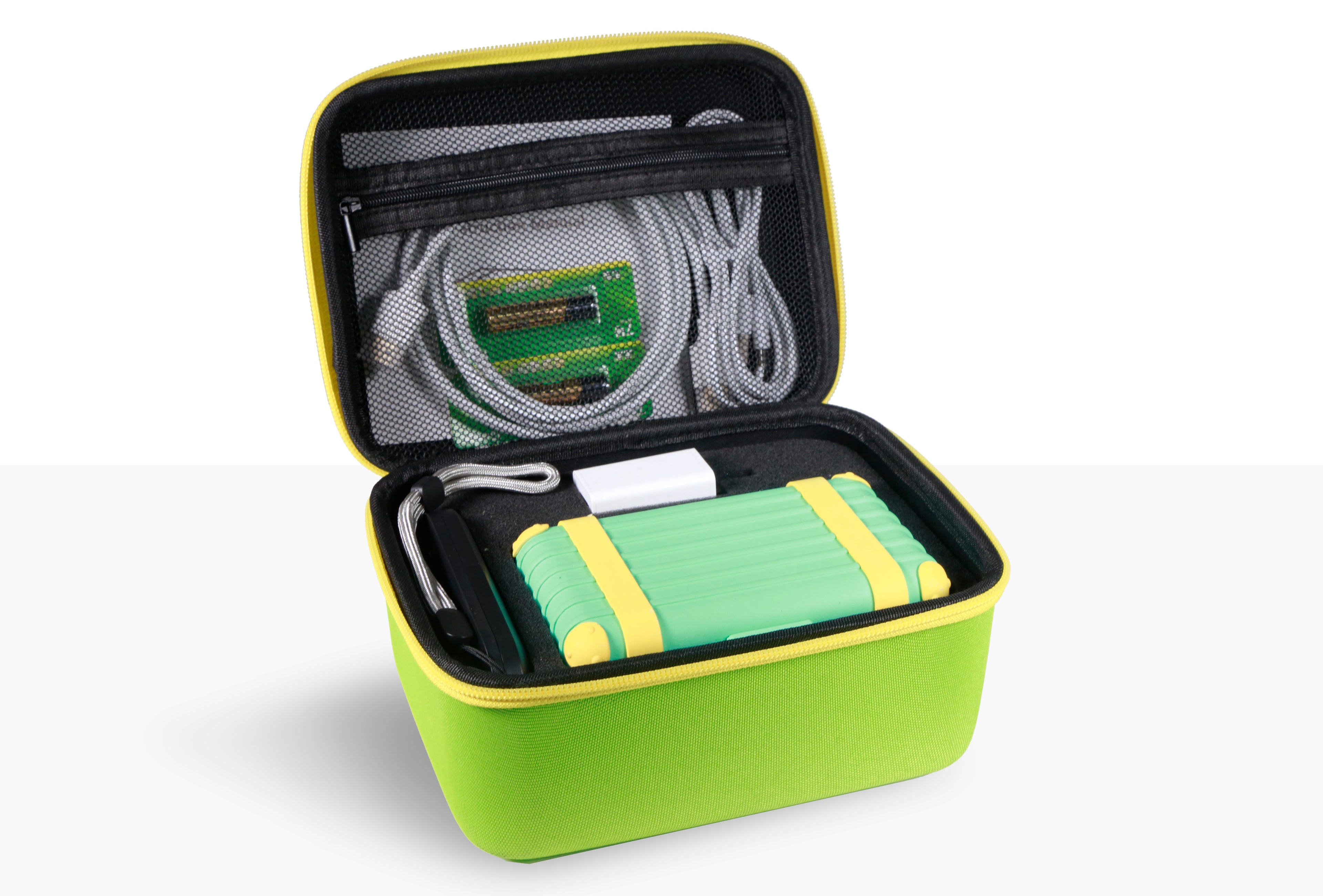 Wonder Trek portable gaming console for kids, green-yellow case, family fun.
