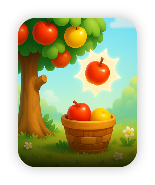 Colorful apple-picking game illustration for Wonder Trek educational kids activities.