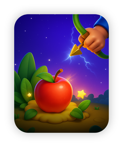 Cartoon apple and bow in vibrant night setting, Wonder Trek family game.
