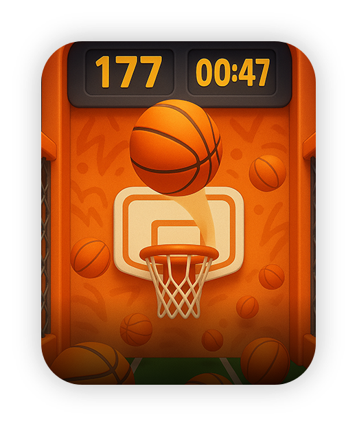 Basketball arcade game, orange theme, digital scoreboard, family fun activity.