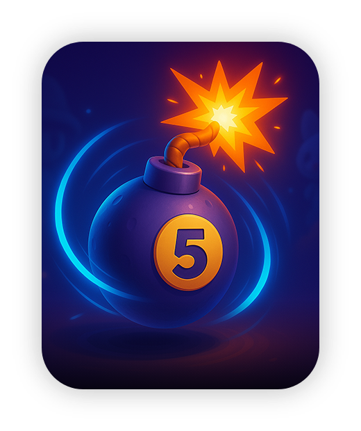 Explosive game icon with a lit fuse and number five.