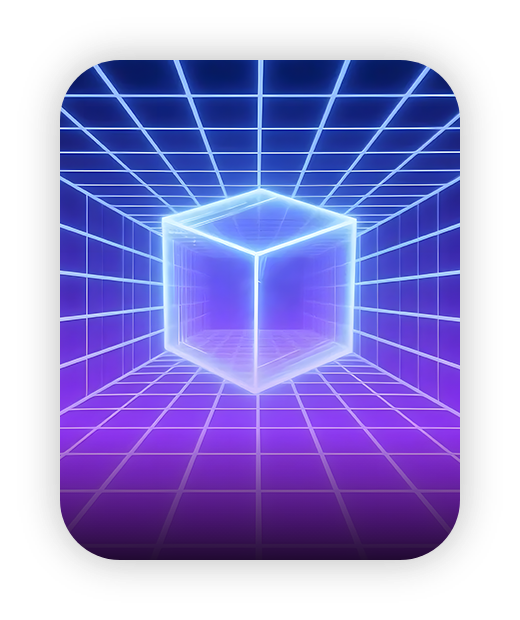 Neon grid cube, futuristic purple-blue design, virtual reality concept.