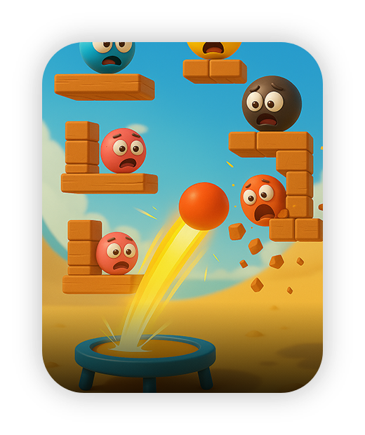 Colorful block-breaking game with animated faces, promoting fun indoor activities.