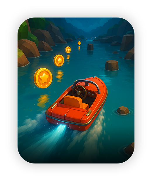 Red speedboat collecting coins on a river in Wonder Trek game.