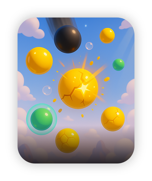 Colorful spheres bursting in bright sky; Wonder Trek family fun game.