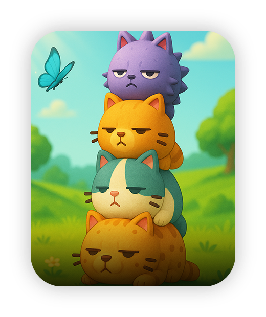 Colorful stack of cartoon cats in a sunny field.