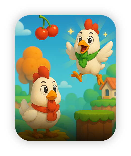 Animated chickens jumping in colorful, cartoon landscape with cherries.
