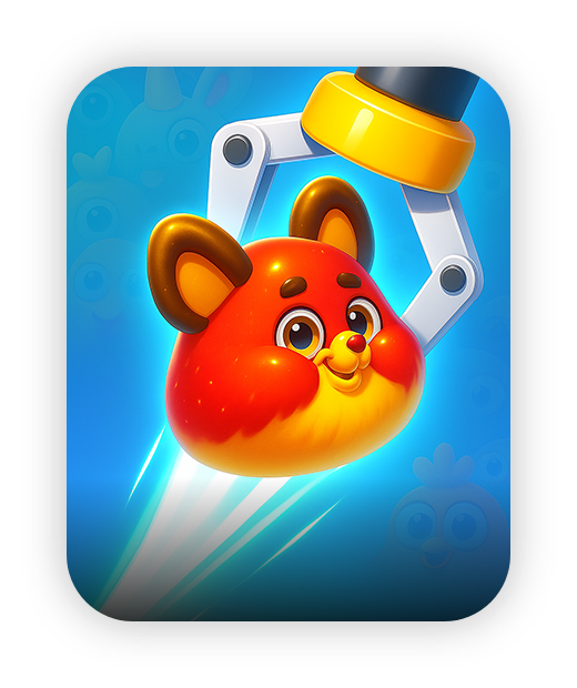 Cute animated character caught by claw on bright blue background.