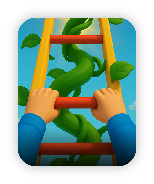 Child climbing colorful ladder with green vines, promoting active play.