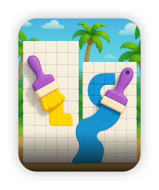 Colorful painting game with purple brushes and vibrant tropical background.