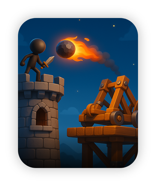 Medieval-themed game illustration with catapult and tower defense scene.