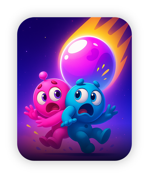 Colorful cartoon characters reacting to a vibrant meteor.