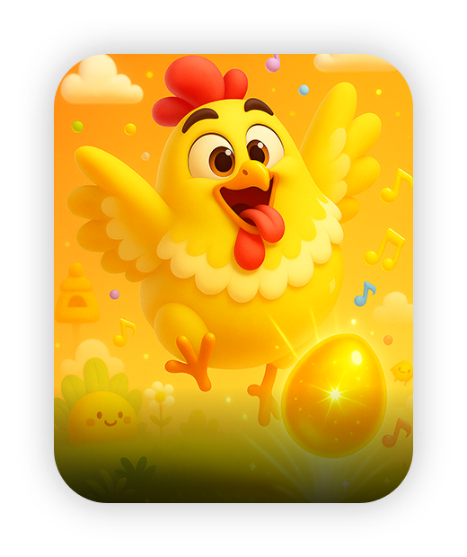 Cheerful yellow chicken with golden egg in vibrant, musical scene.