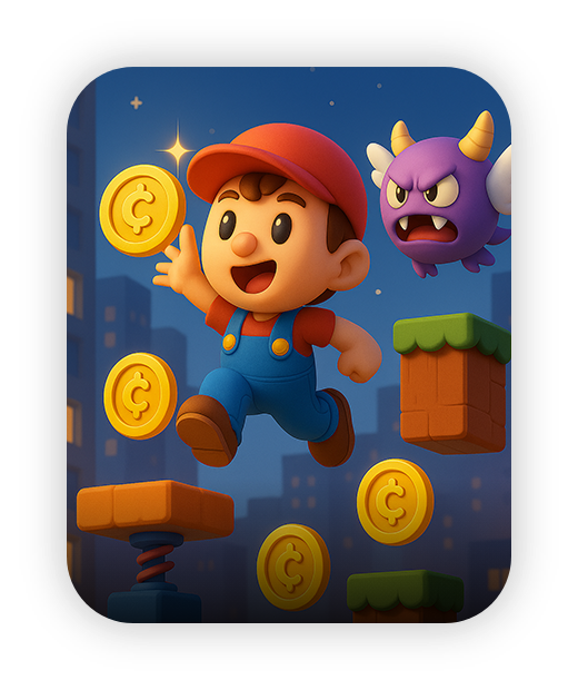 Colorful cartoon character jumping, collecting coins in an animated cityscape.