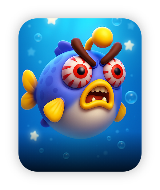 Colorful cartoon fish character with expressive face, set against blue background.