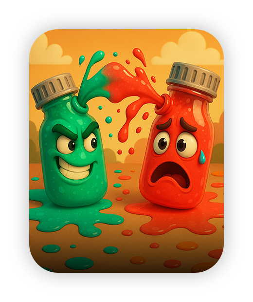 Colorful animated bottles with expressive faces, green and red, playful design.