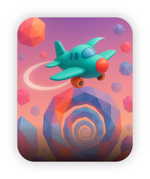 Colorful airplane with geometric shapes in whimsical sky.