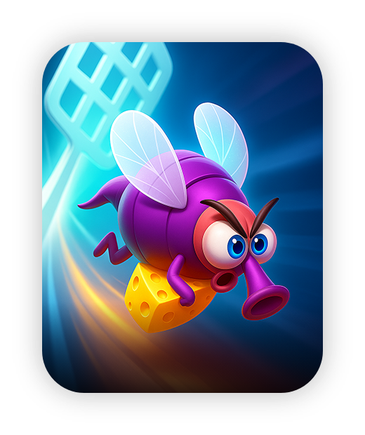 Colorful cartoon fly with cheese, vibrant background, fun kids game.