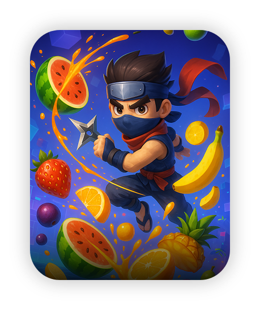 Cartoon ninja with fruits, vibrant colors, Wonder Trek kids motion sensor game.