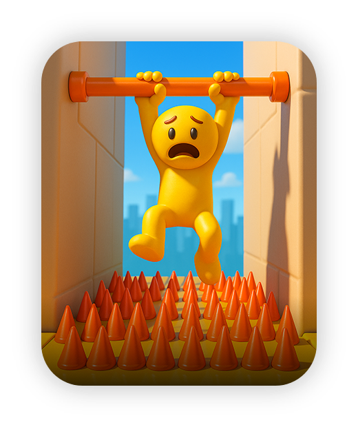 Yellow character hanging over spikes in a vibrant, animated scene.