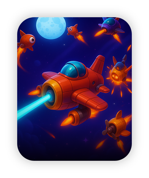 Red spaceship battling in space, vibrant colors, exciting children's video game.