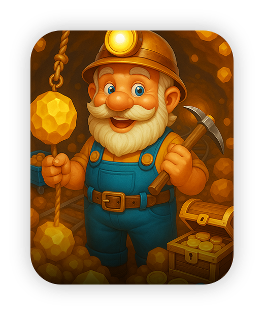 Cartoon miner character in a cave with gold nuggets and chest.