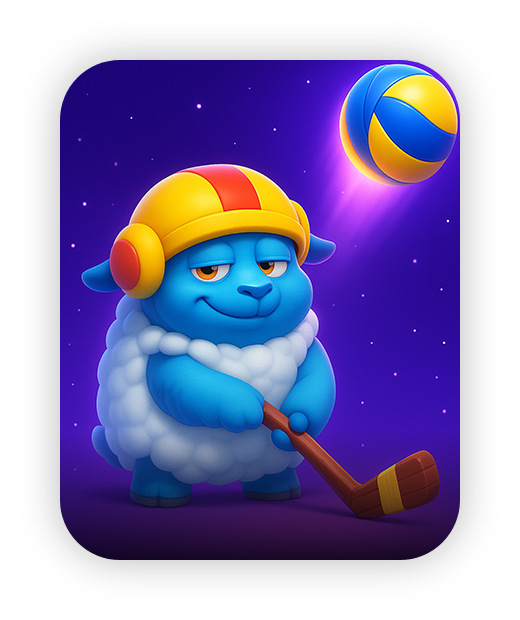 Blue sheep with helmet, holding bat, colorful ball, purple background.
