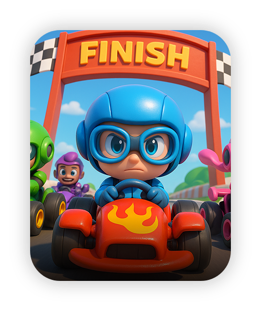 Cartoon racers at finish line, colorful karts, family fun game.