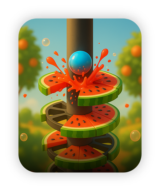 Watermelon-themed stack game with blue ball, vibrant colors, exciting family fun.