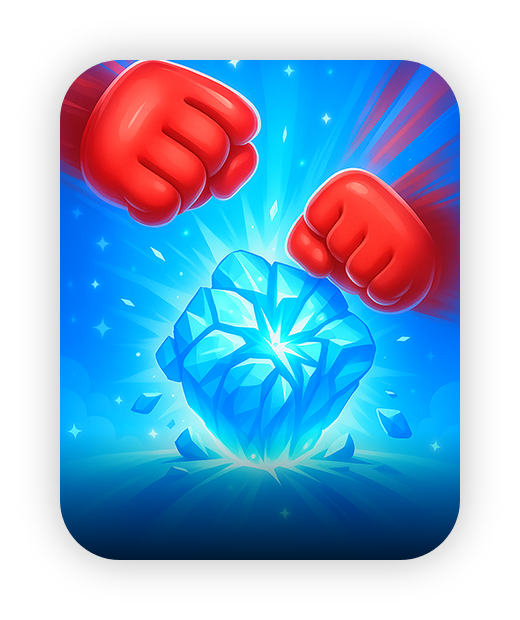 Red gloves smashing blue crystal; dynamic, colorful gaming artwork.
