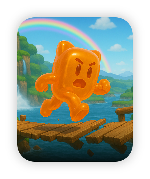 Orange character jumping on a wooden bridge under a rainbow.