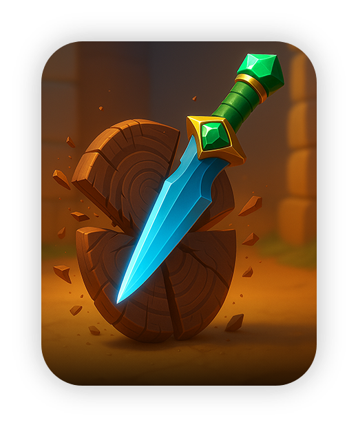 Colorful fantasy dagger embedded in wood, vibrant green and blue design.