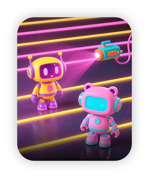 Colorful robots under neon lights, perfect for kids' educational games.