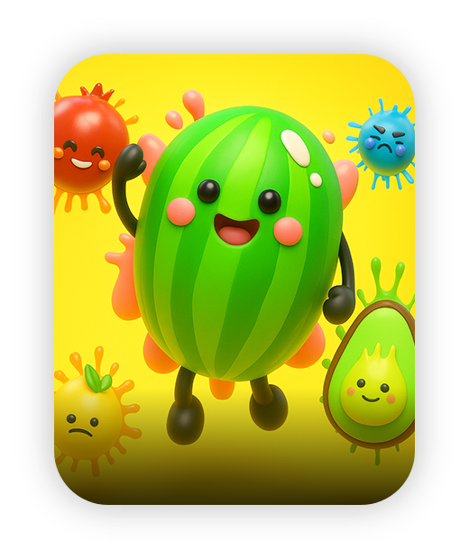 Colorful, smiling fruit characters on vibrant yellow background, playful and fun.