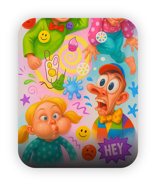 Colorful cartoon characters with playful expressions and vibrant patterns.