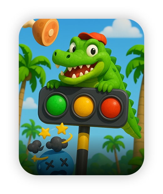Cartoon crocodile with traffic light, palm trees, and playful background.