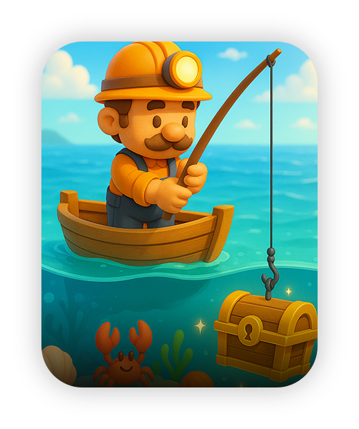 Cartoon miner fishing treasure chest at sea, vibrant and playful scene.