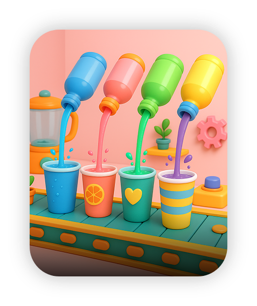 Colorful drink bottles filling cups, playful design, vibrant colors, fun activity.