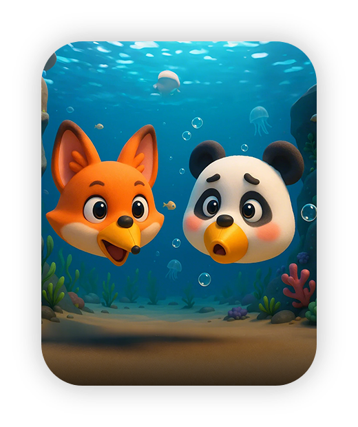 Underwater fox and panda, colorful animated characters exploring ocean scene.