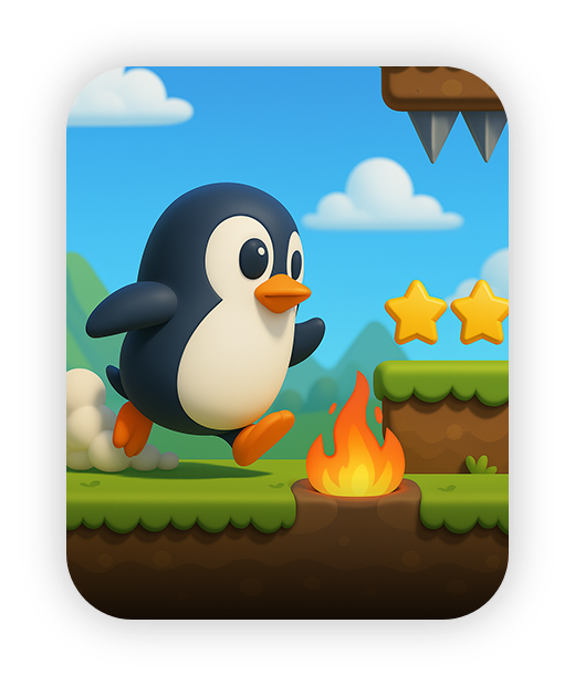 Cute penguin jumping over fire in colorful platform game.