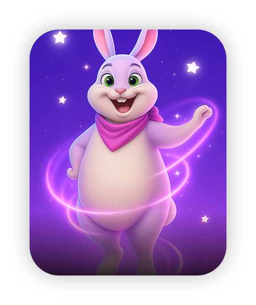 Cartoon bunny with a pink bandana, vibrant purple background, stars.