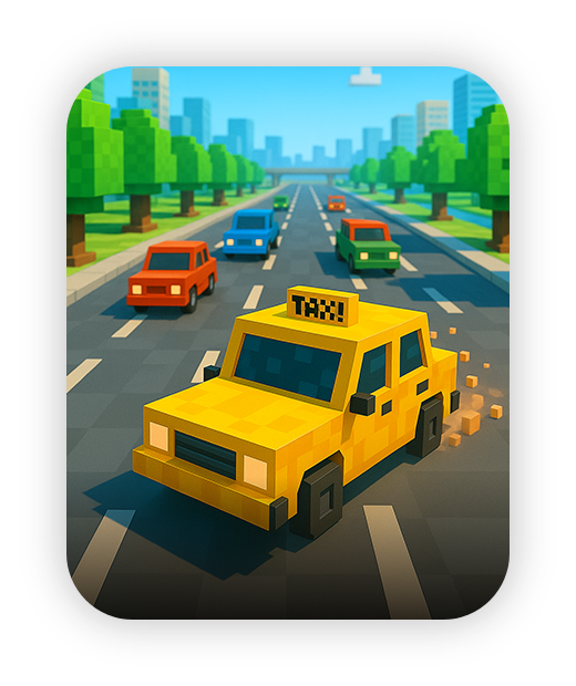 Pixelated yellow taxi on vibrant city street in kids' video game.