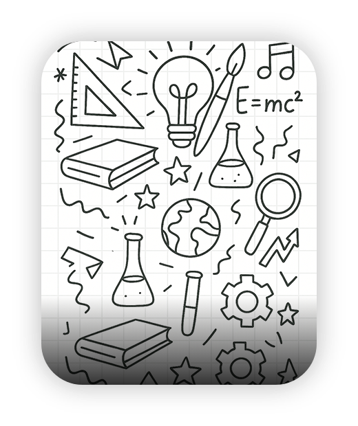 Educational doodle design; gears, globe, books, lightbulb, science icons.