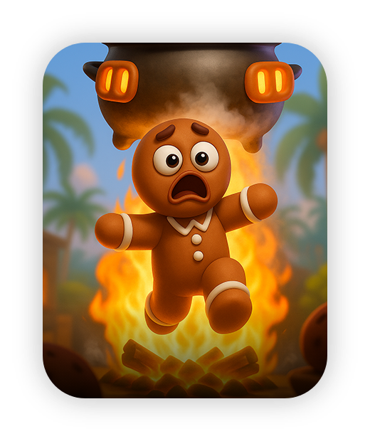 Gingerbread character jumping over fire in a vibrant jungle scene.